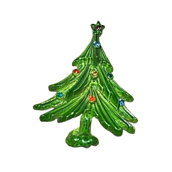 Vintage Green Enamel Christmas Tree Pin - Holiday Costume Jewelry - Picture 4 of 8